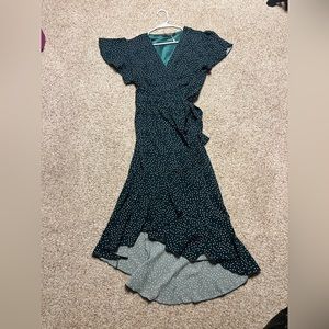 Dark green polka dot wrap midi dress